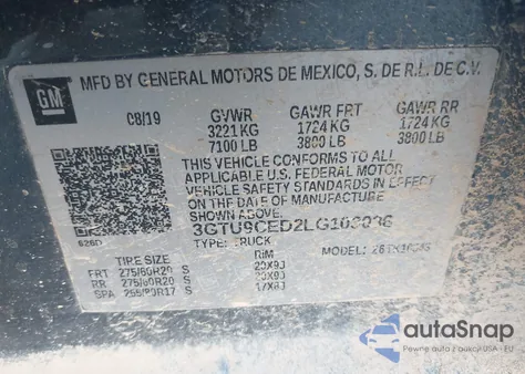 2020 GMC Sierra 1500 4Wd Short Box Elevation из США, поврежденный, VIN 3GTU9CED2LG103036